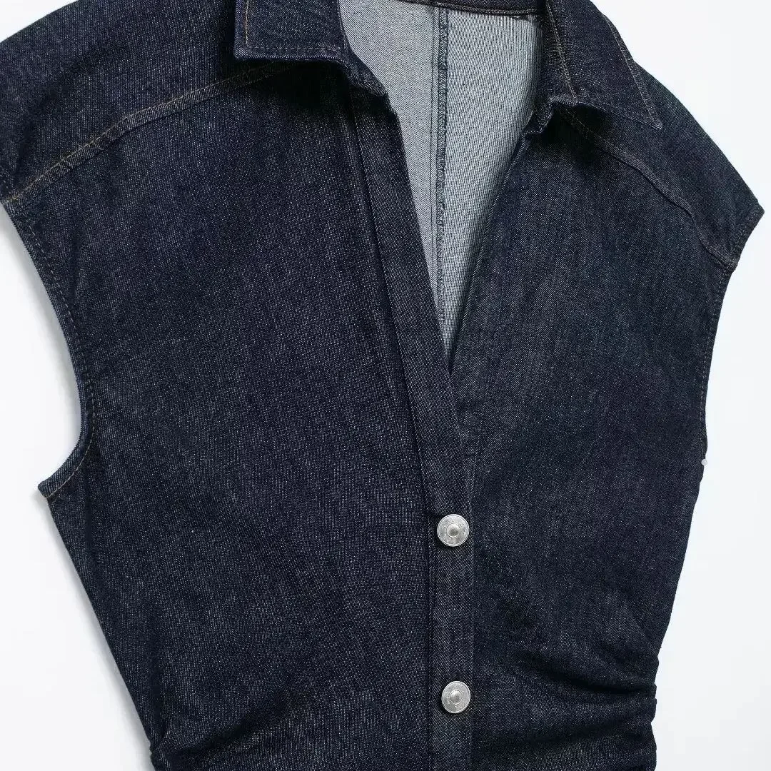 Mouwloze denim lange jurk dames bodycon tank midi-jurk vrouw zomer ruches button-up casual jurken voor dames