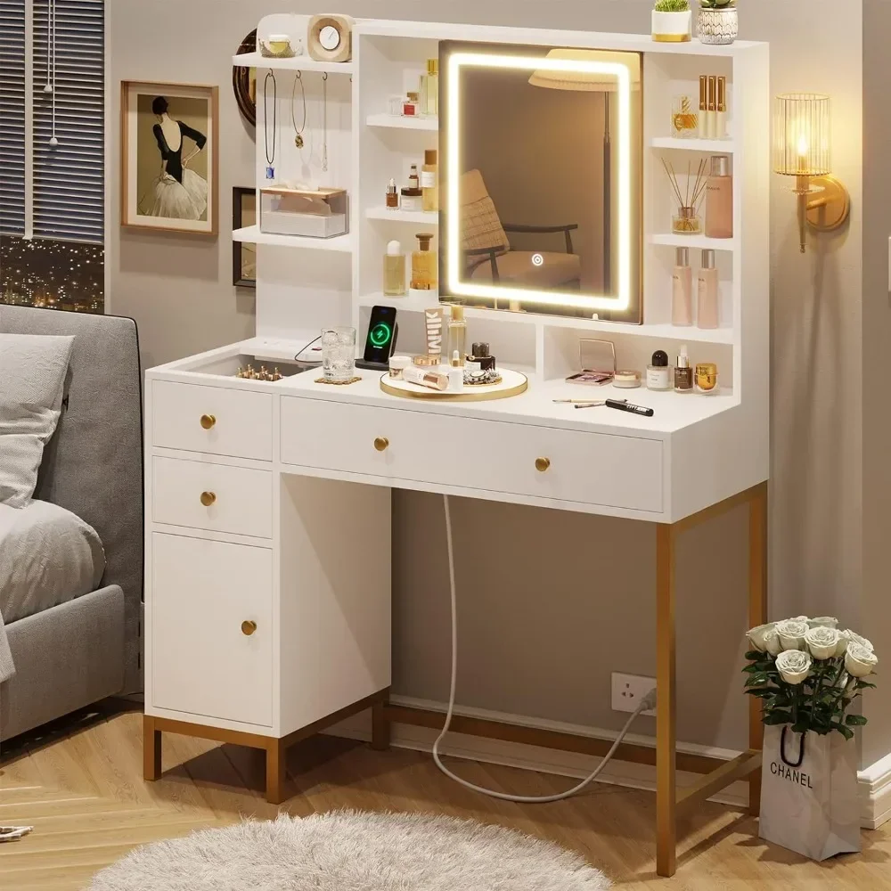 

Makeup Vanity with Lights, Vanity Desk with Openable Mirror & 3-Color Dimmable, White Table with Charging Station, Visual Drawer