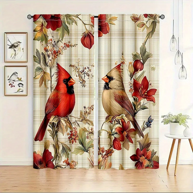 2 pieces, farmhouse red robe master curtains - natural floral and bird design, living room, bedroom - Christmas home decoration