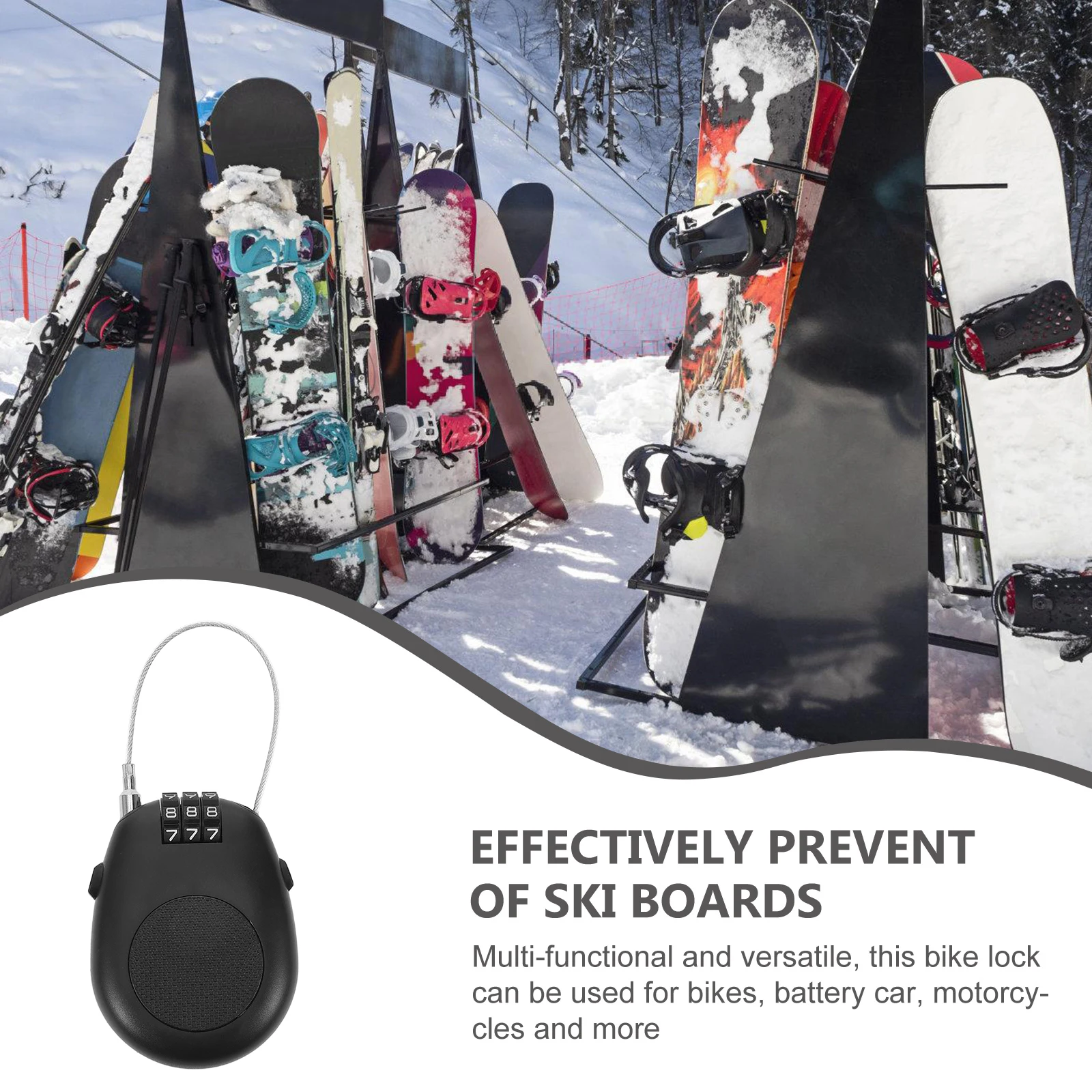 

Anti Theft Snowboard Lock Lightweight Retractable Security Cable Bike Stroller Scooter Ski Steel Wire Combination Black Color