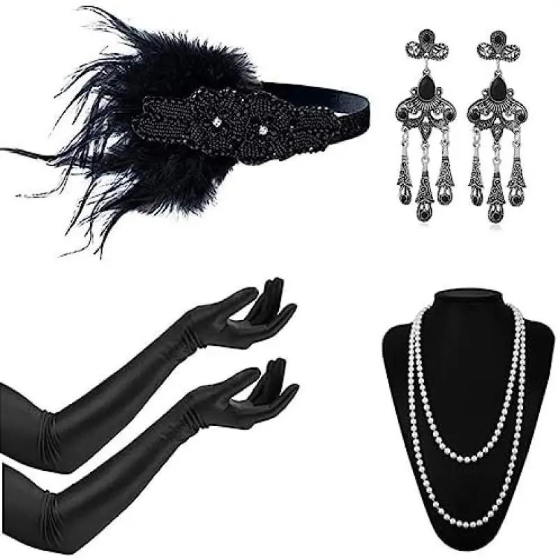 PESENAR 4 Pieces Black 1920s Costume and Accessories Set, Suitable for 1920s Themed Party and Cosplay