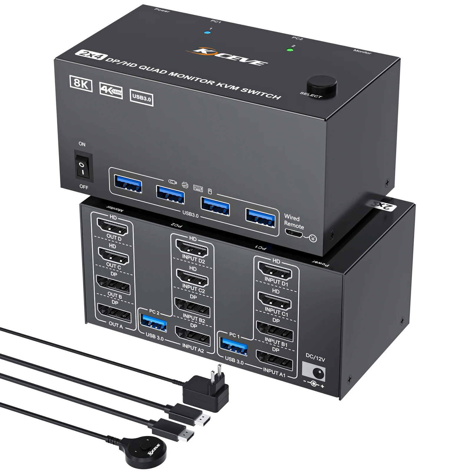 KVM Switch 4 Monitors 2 Computers 8K@60Hz/4K@120Hz, HDMI DP KVM Switches for 2 PC Sharing Quad Monitor and Keyboard Mouse