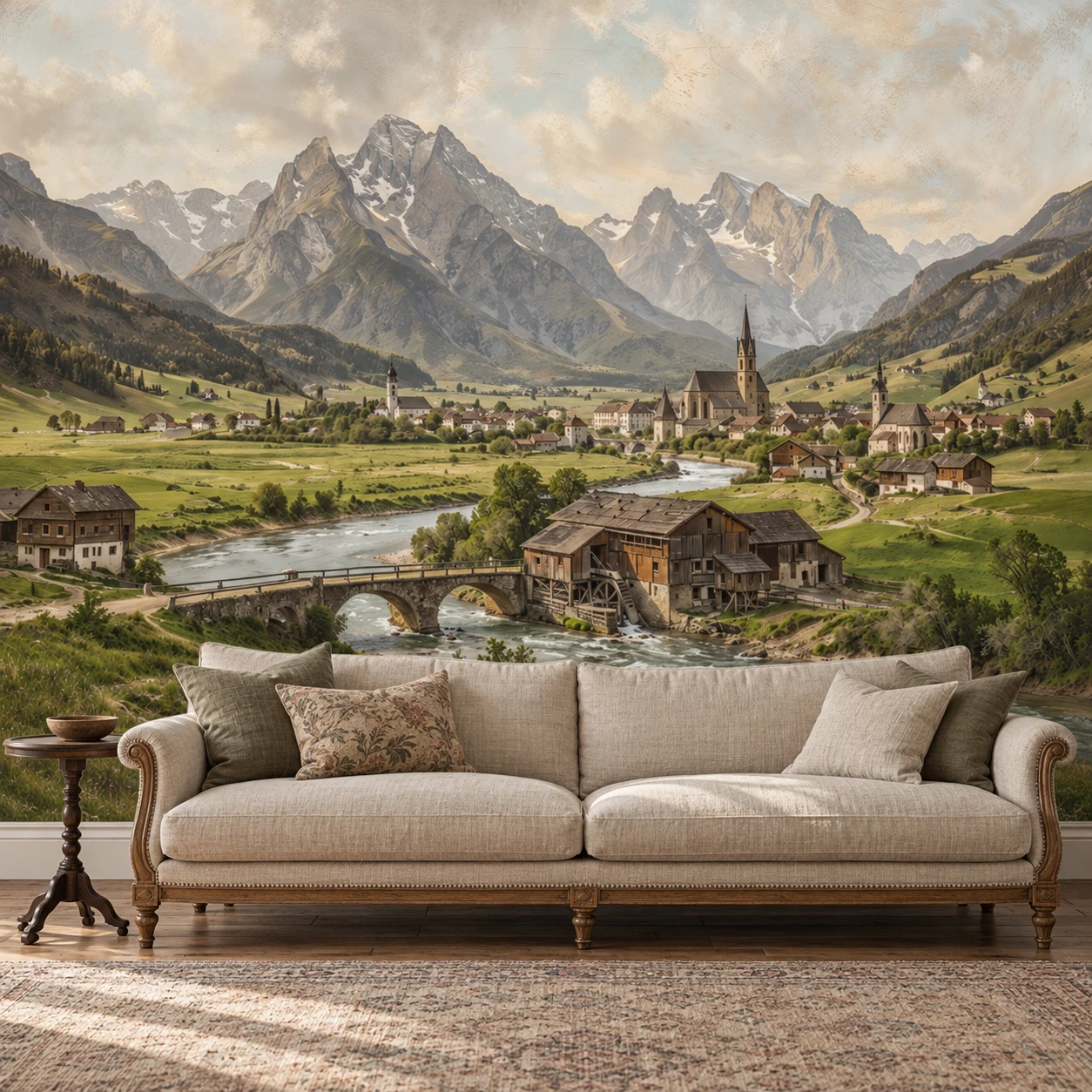 Mountain Wallpaper Mural Rustic Alpine Village River Landscape Living Room Bedroom Wall Decor Non Self Adhesive European Country