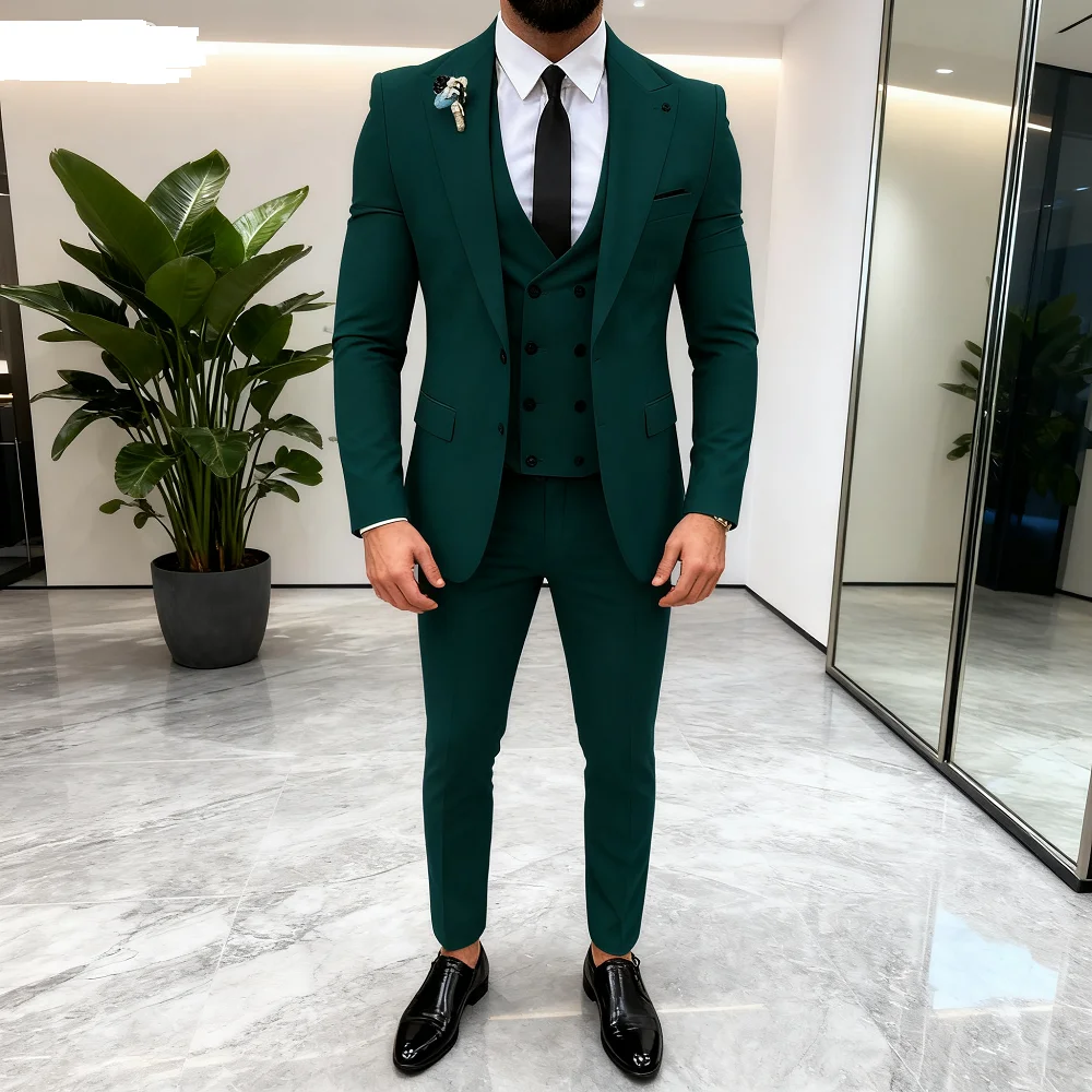 

3PCS Men's Tuxedo Suits Set with Peak Lapel Blazer Double Breasted Vest And Pants for Wedding And Business Casual Occasions