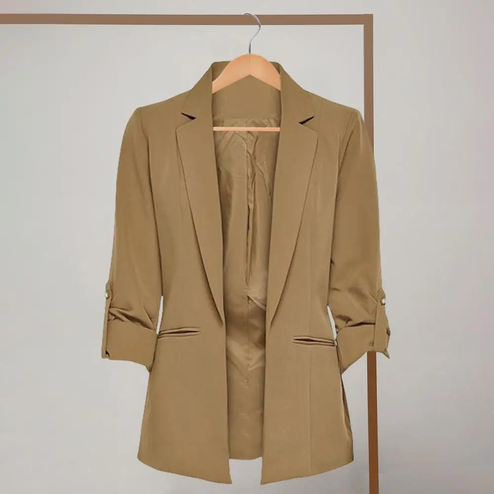 Chaqueta de traje ligera para mujer, abrigo elegante con cuello vuelto, bolsillos de manga larga, Color sólido elegante para oficina