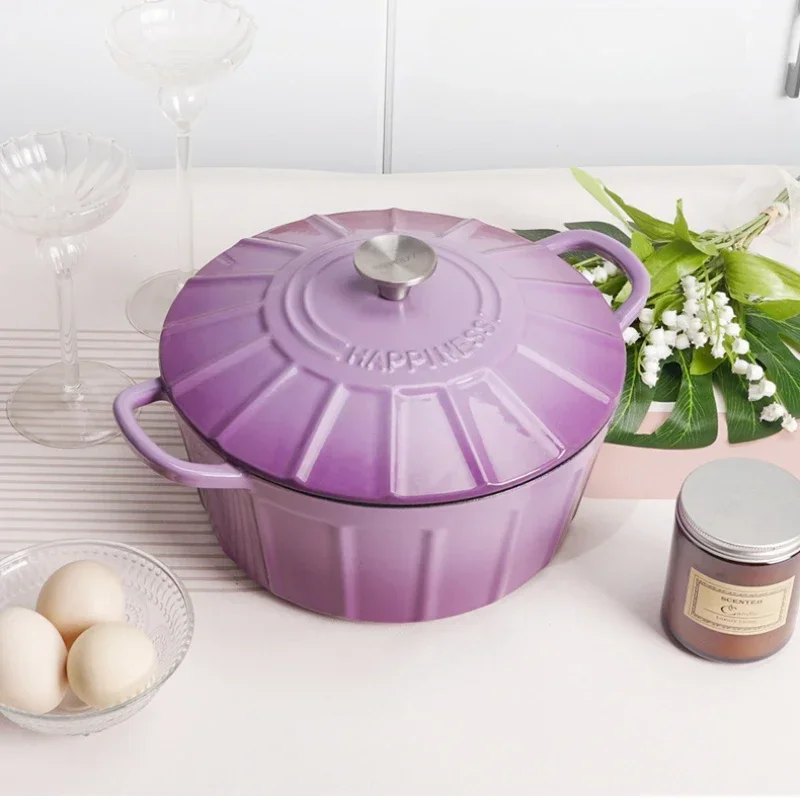 25cm Purple Pots for Kitchen Pleated Enamel Cooking Pan Home Health Thermal Cooker Polythermal Insulation Utensils for Kitchen