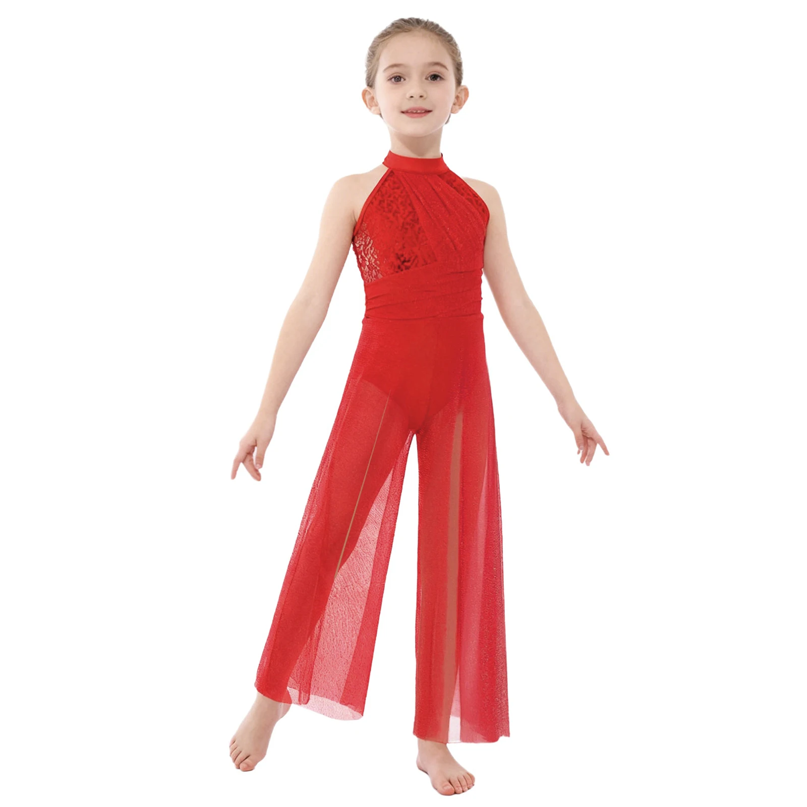Kinderen Meisjes Ballet Lyrische Dansvoorstelling Unitards Jumpsuit Kostuum Glanzende Pailletten Lijfje Glanzende Mesh Split Wijde Pijpen bodysuit