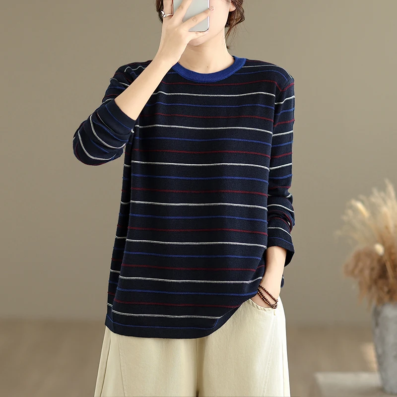 Maglione di lana ultra morbida rotondo strato base Ne calore patchwork a righe dimagrante pendolarismo da donna misto lana poliestere