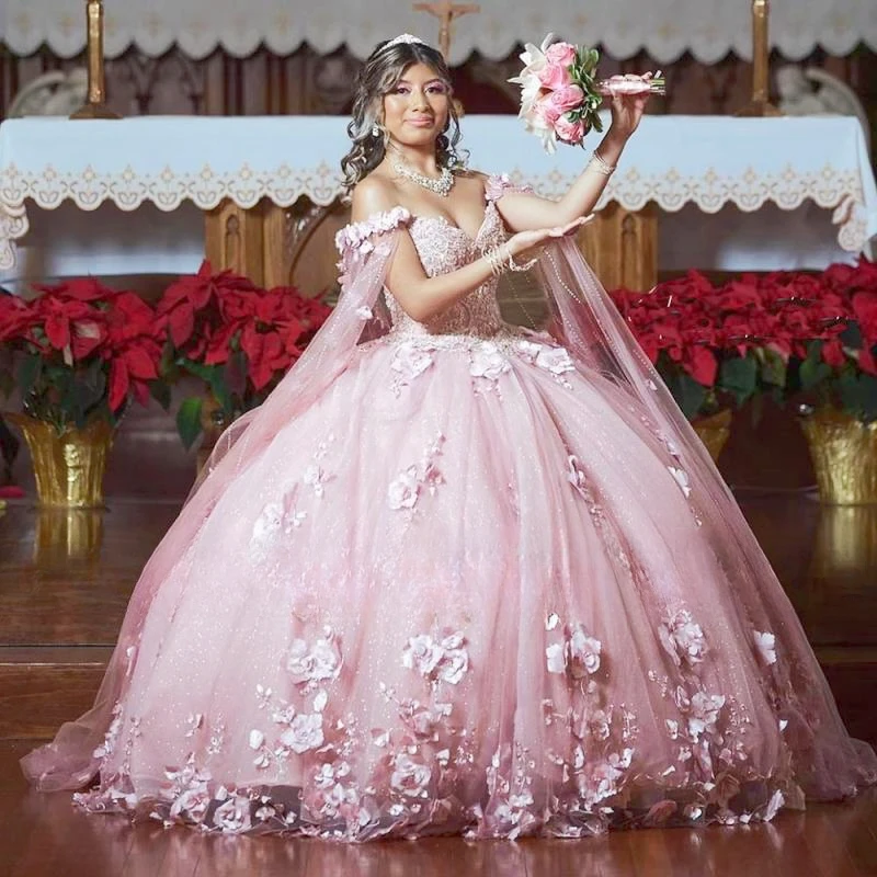 Pink Quinceanera Dresses With Flowers Appliques Vestidos XV Años Sweet 16 Party Gowns for Mexican robe de soirée