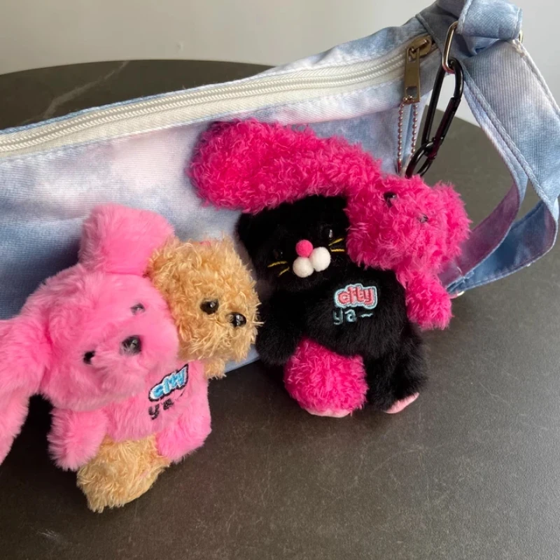 Brinquedo de pelúcia criativo gêmeo coelho urso chaveiro de pelúcia pingente criativo bonito chaveiro mochila pingente enchimento cura presentes