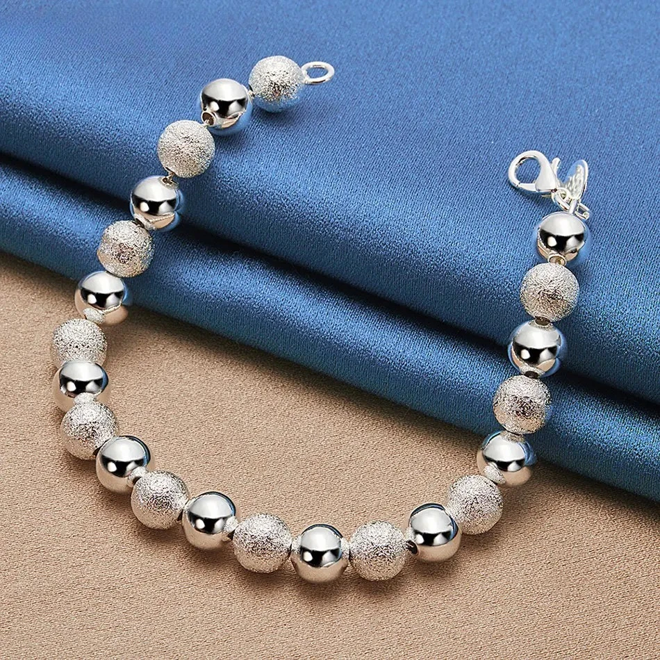 

925 Sterling Silver Matte Frosted Polished 8mm Round Bead Women's Bracelet, Fashion Jewelry for Wedding, Banquet and Gifting