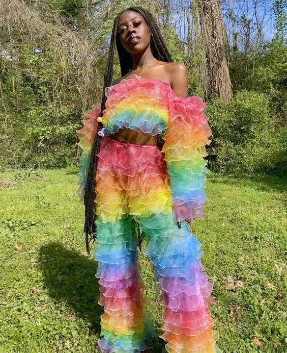 Rainbow Colorful Layered Organza Women Sets Short Blouse And Long Loose Pant 2 Pieces Gowns Women Maxi Dresses