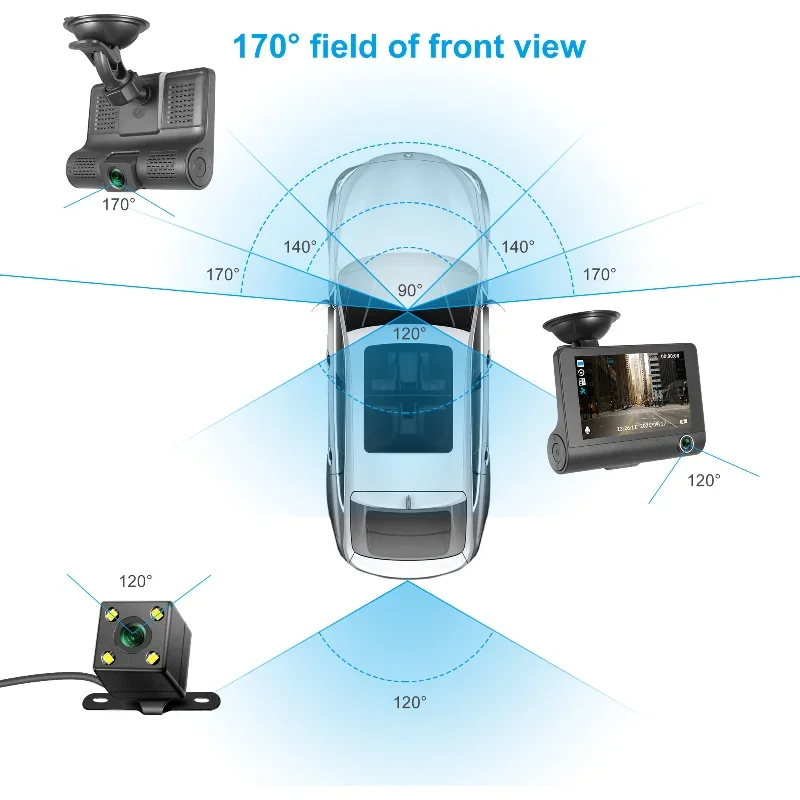 For Xiaomi DashCam Car DVR 4 Inch Full HD 1080P 3Lens Auto Video Recorder 170 Camera Parking Monitoring Night Vision Camcorder