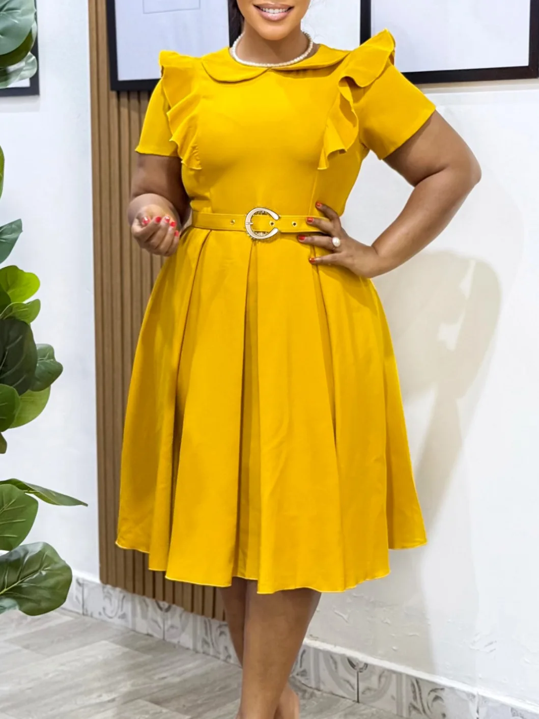 

Women's Short Sleeve Doll Collar High-Waisted Swing Dress Solid Color Ruffled Solid Color High Waist Swing Dress