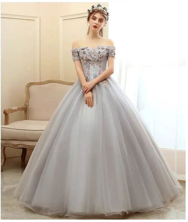 colorful Flowers Lace Applique Beads Off the Shoulder Quinceanera Dresses Silver Gray Tulle Skirt Prom Party Gown robes 15 Years