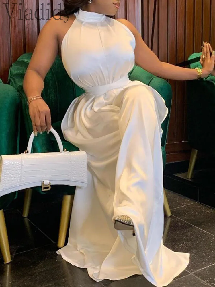 Women Solid Color Sleeveless Mock Neck Wide Leg Satin Jumpsuit