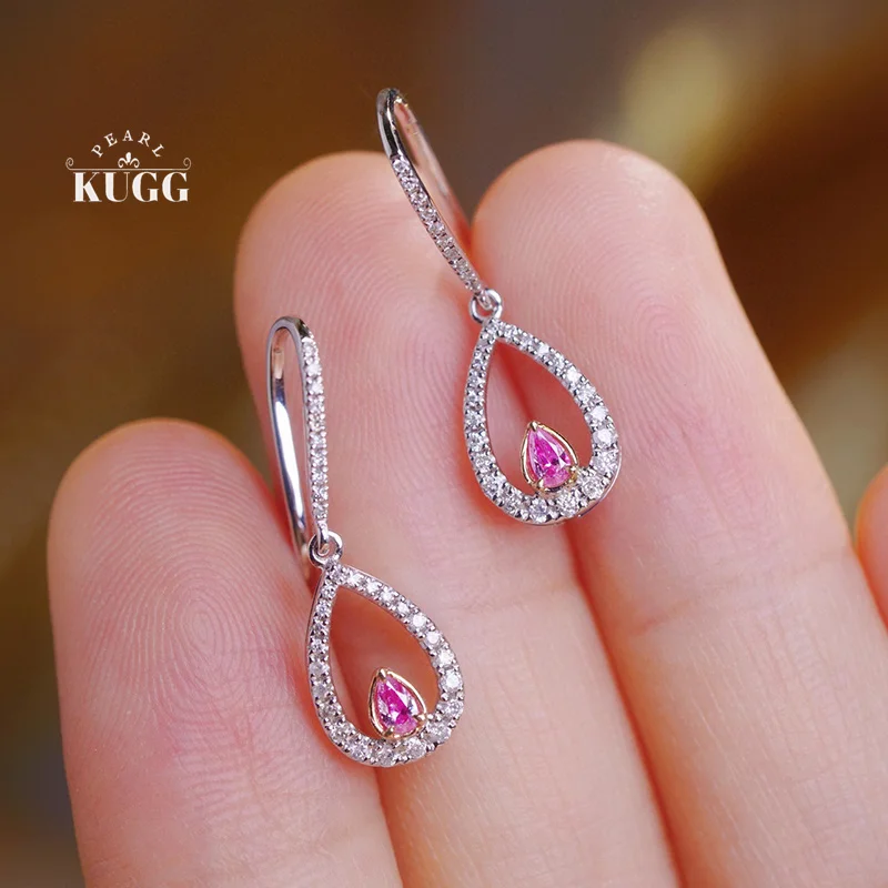 KUGG 100% 18K White Gold Earrings Elegant Gentle Style Real Natural Pink Diamond Drop Earrings for Women High Party Jewelry