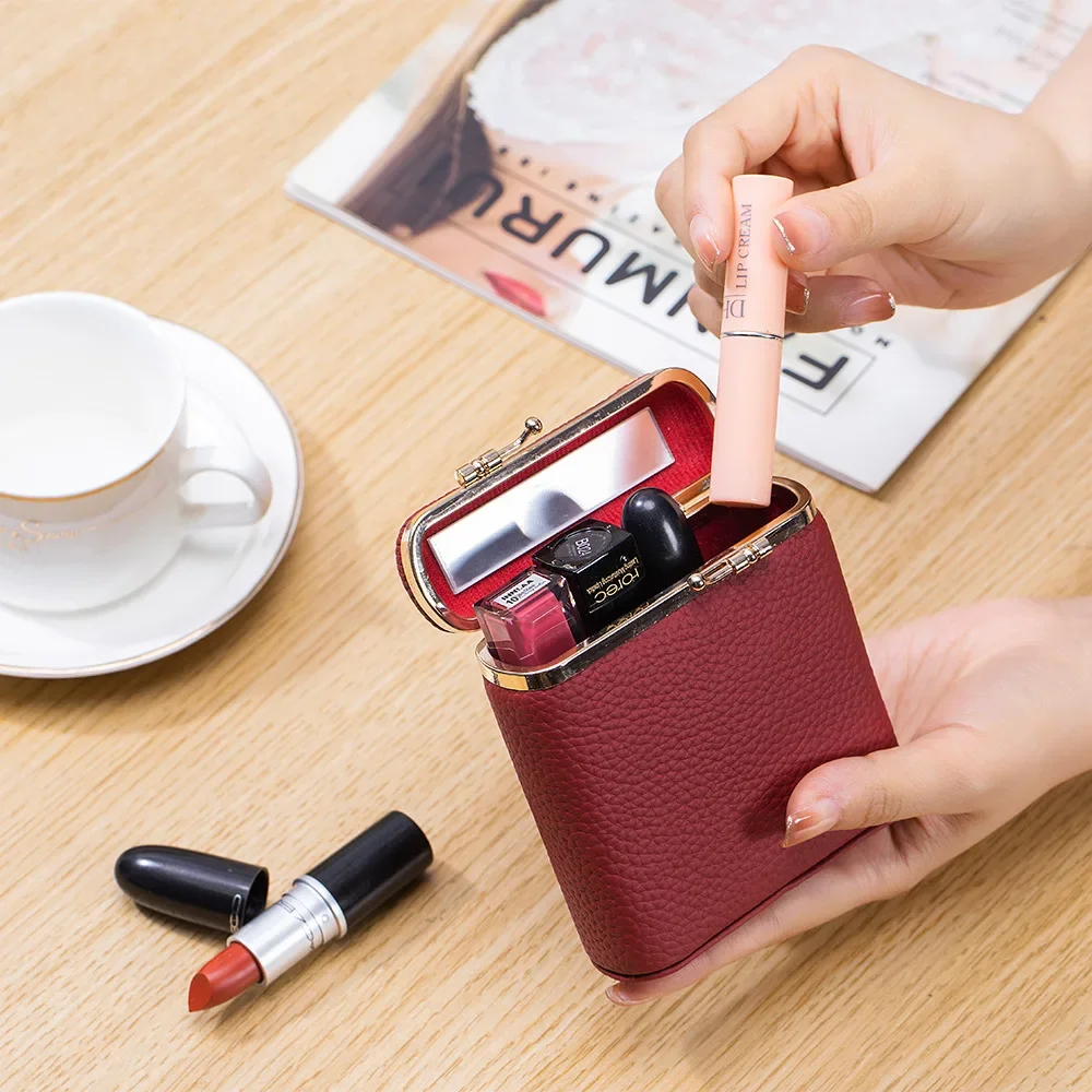 Makeup Case Lipstick Cases Leather Portable Small Mini Cosmetic Bag Female Kiss lock Lipstick Small Pouch with Mirror