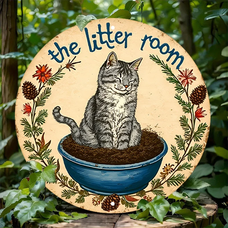Raumdekoration 1 Stück WhimsyCat Vintage rundes Metallschild aus Aluminium „The Litter Room“, rustikale Wandkunst für Zuhause, Garage, Café – dekorativ