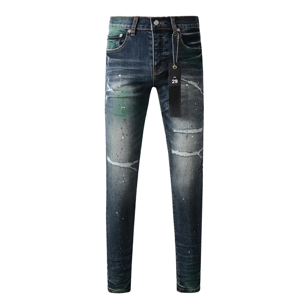 2024 New Destroyed Scratch Hole Men\'s High Street Slim Fit Skinny Light Blue Denim Jeans Pants