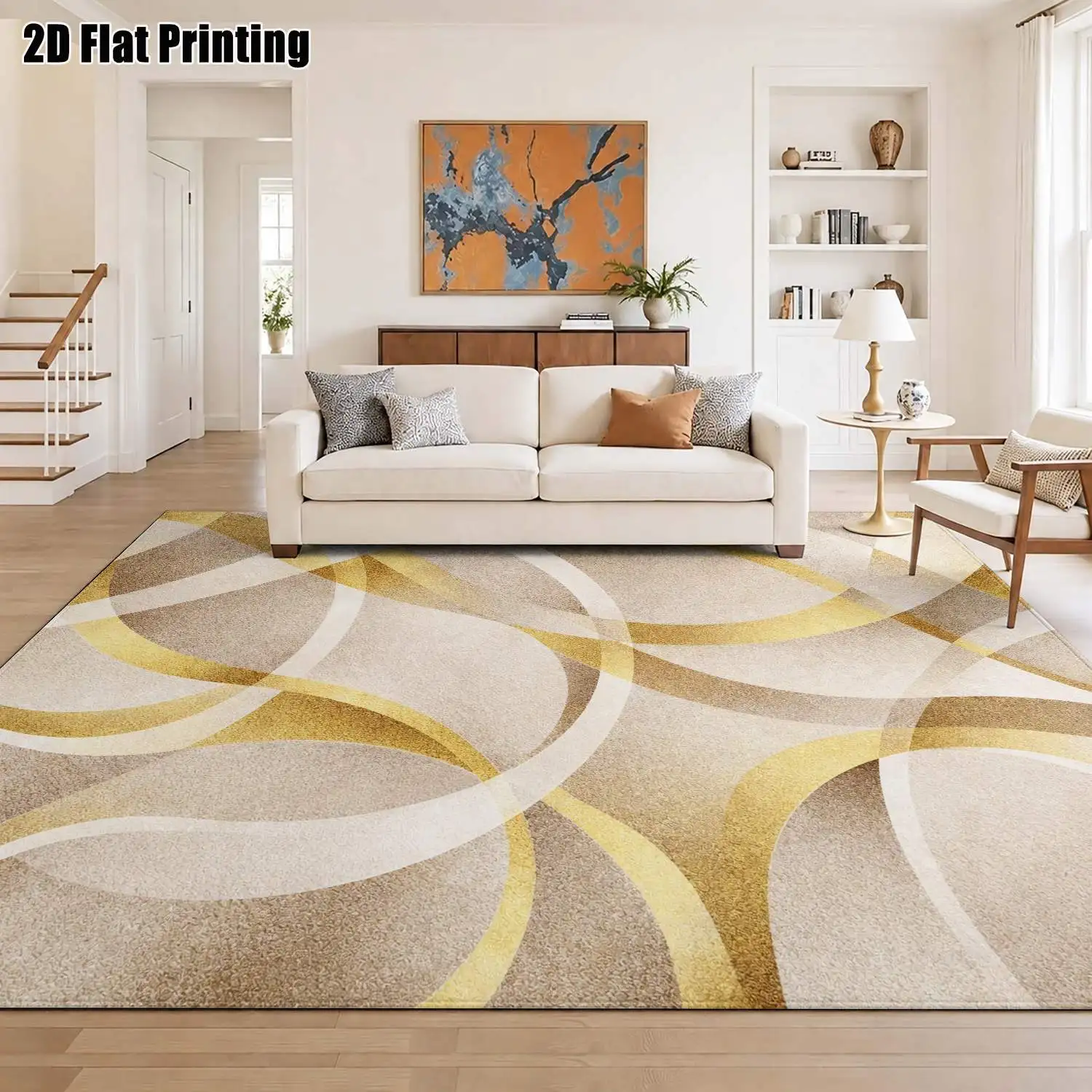 1Pc 2D Printed Carpet with Gold White Geometric Abstract Patterns, Nordic/Instagram Style Floor Mats, Modern Minimalist/European Style, Multiple Sizes Machine Washable Home Decor for Entrance, Dining Room, Foyer, Living Room, Bedroom