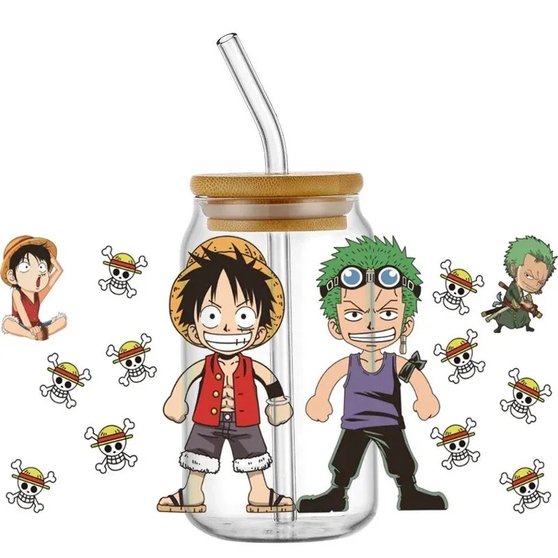

New Product one piece friends luffy and zoro pattern UV DTF Wraps Transfer Sticker DIY For 16oz Libbey Glass Cup Waterproof Wrap
