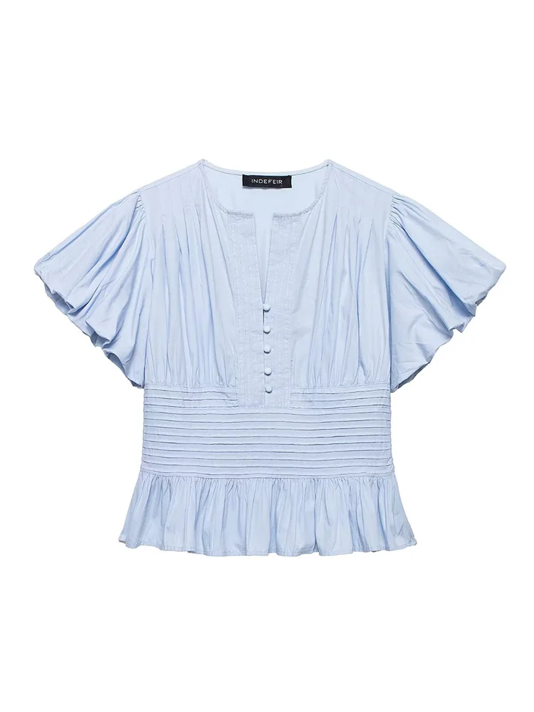 

HH Women Fashion Versatile Solid Round Neck Casual Slim Short Sleeve Top Female Simple Puff Sleeve Ruffled Waist Design Shirt