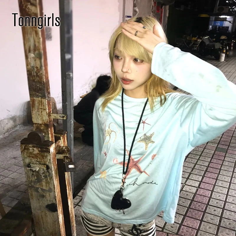 

Tonngirls Y2k Japanese T-shirt Women Long Sleeve Loose Casual Tee Tops Streetwear See Throught Vintage Print Grunge Tops 2000s