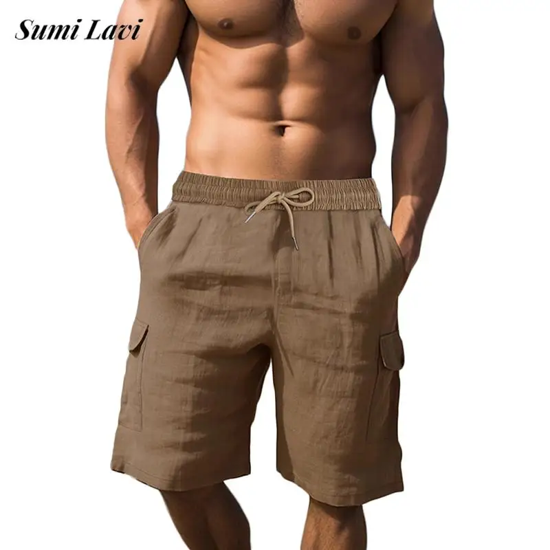 Trendy Multi Pockets Mens Linen Shorts Vintage Drawstring Loose Straight Cargo Shorts Summer Men New Casual Solid Color Shorts
