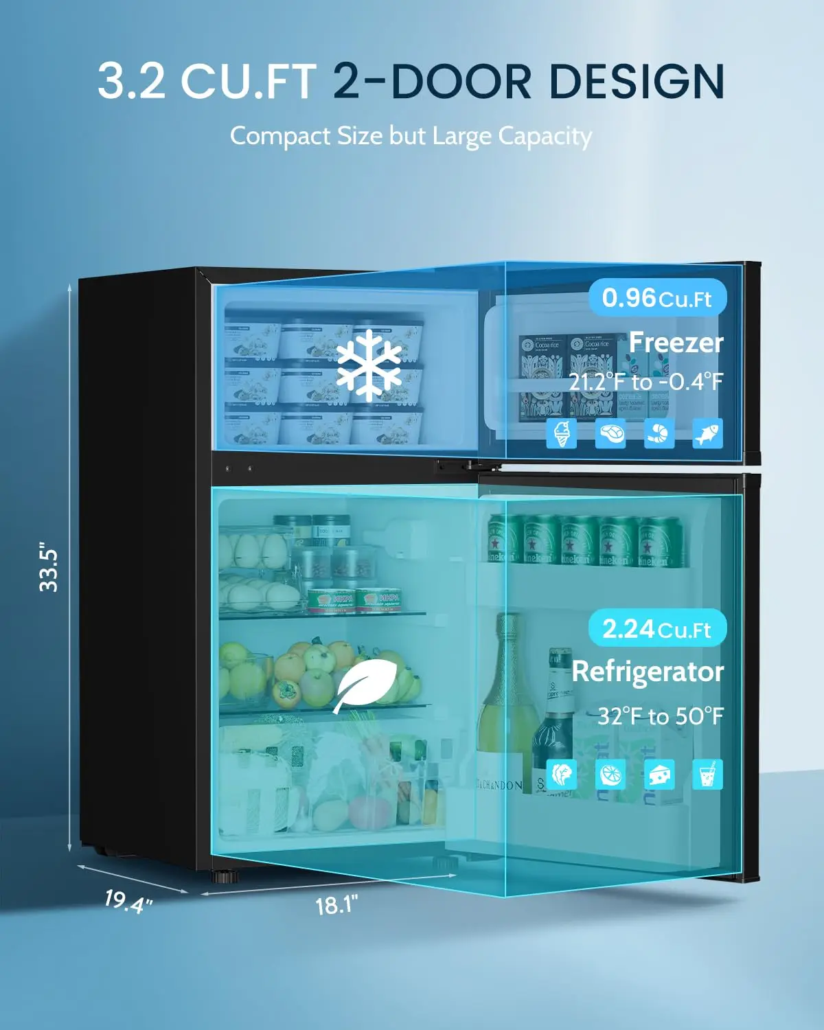 3.2 Cu.Ft Mini Refrigerator & Freezer, 2 Door Compact Cooler for Dorm Office Bedroom, Silver, Customized