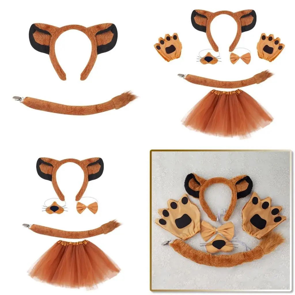 39bb Kid Lion Costume incluant le bandeau d'oreille Lion Tail Nez Bowtie Jupe Gants Halloween Animal Tenue pour Boy Girl Role