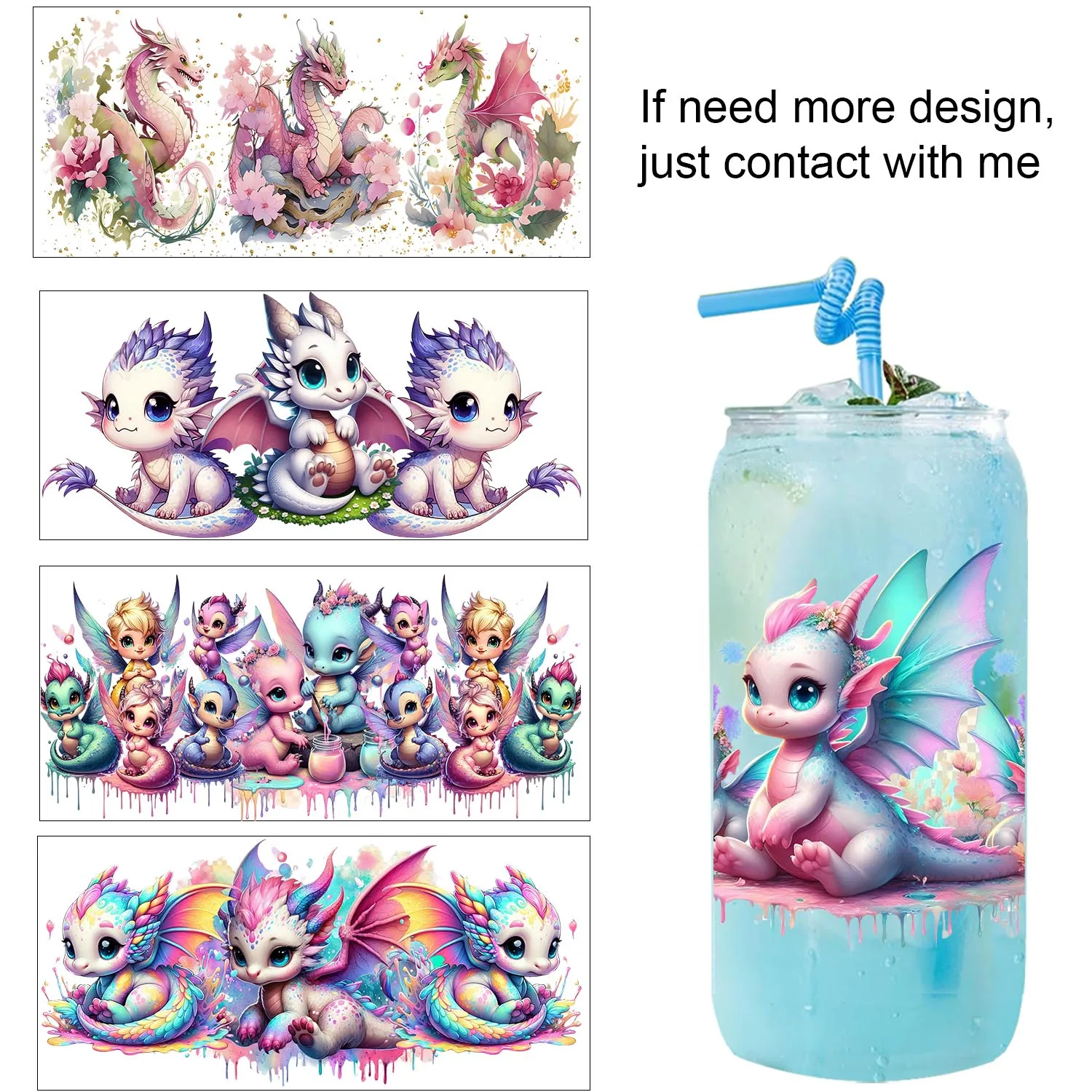 

Cute Dragon baby easy peel waterproof Party DIY Decals 3D transfers uvdtf tumbler seal stickers 16oz uv dtf cup wraps