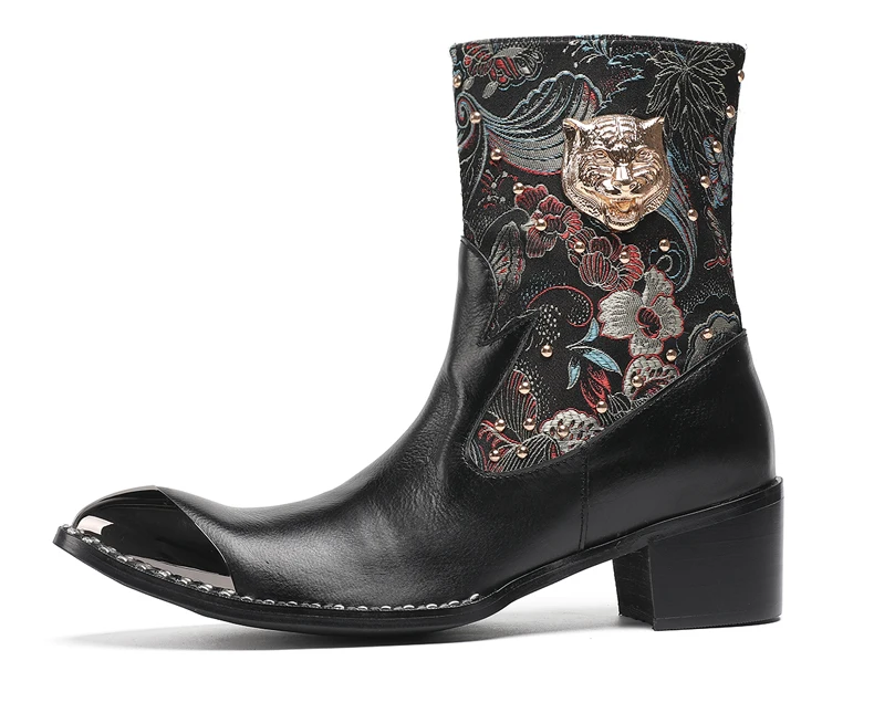 Britische Metall Spitzschuh Party Club Mann Schuhe Rot Motorrad Reißverschluss Stiefeletten Plus Größe Hochzeit Party Echtes Leder Kurzer Stiefel – Detail 6