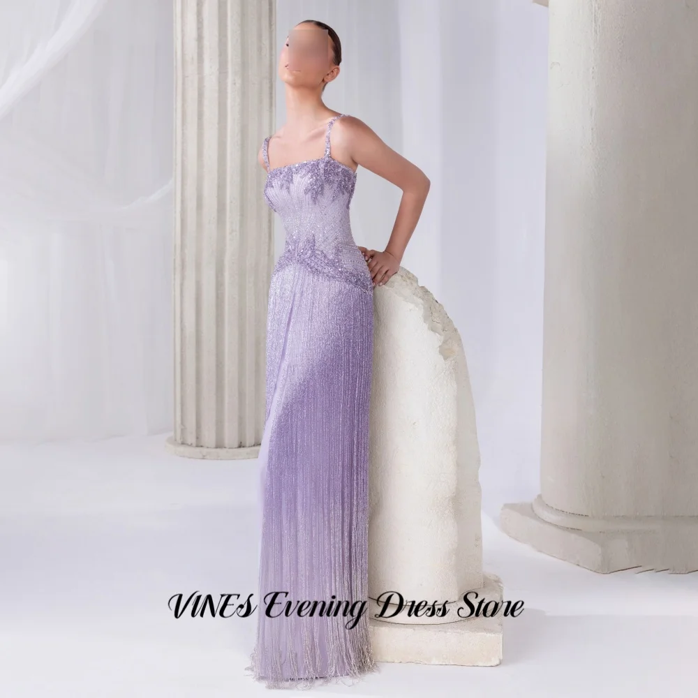 VINES Luxury Lavender Purple Straps Evening Dress Beaded Bodice Fringe Tassel Prom Gown Long Bodycon Party Dresses Customized