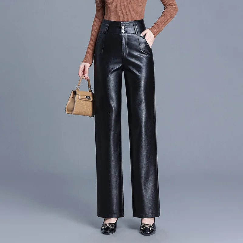 Autumn and Winter New Solid Color High Waist Pu Leather Pants, Fashion Straight Leg Long Pants, Casual Loose Wide Leg Pant Women