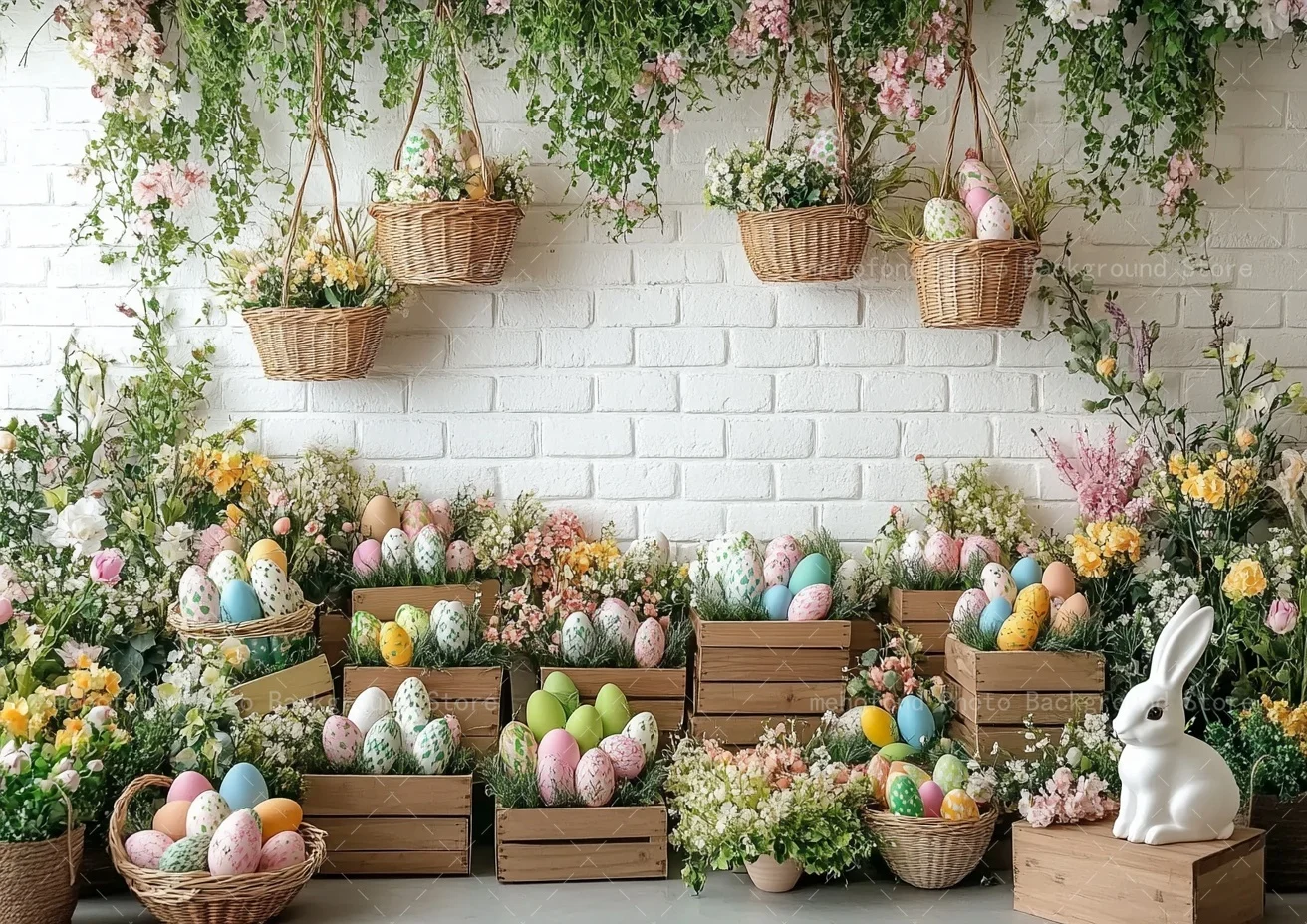 Mehofond Photography Background Spring Easter Colorful Egg Rabbit Flower Basket Wooden Box Kids Family Portrait Backdrop Decor