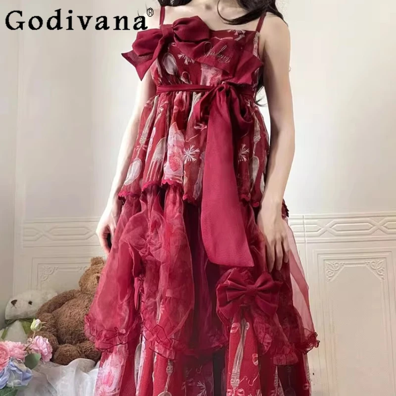 로리타 무대 JSK 보우 레드 서스펜더 드레스 여성 민소매 빅 스윙 크리스마스 드레스 여성 파티 코스프레 드레스