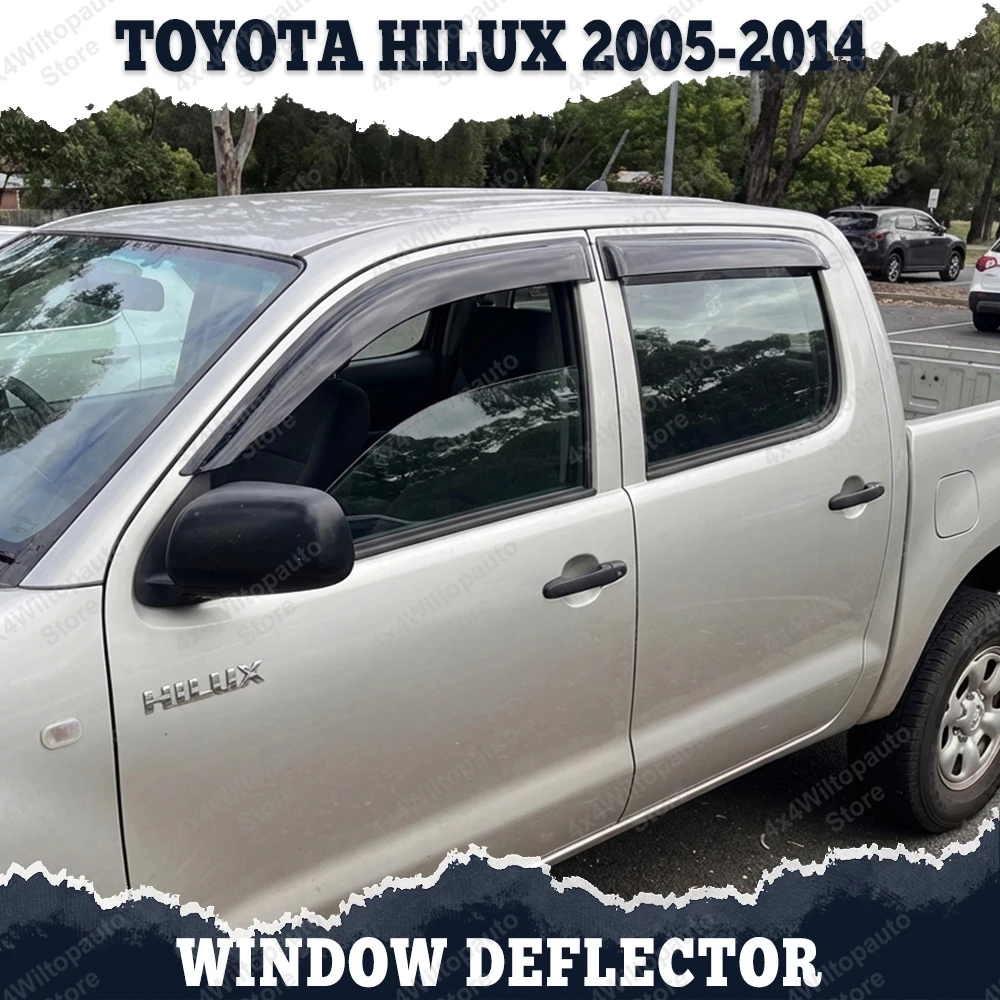 Deflettore per Finestrini per Toyota Hilux Vigo 2005-2014 ‌ Deflettori per Finestrini Neri Fumé, Protezione da Sole e Pioggia per Doppia Cabina