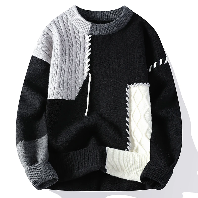 Men's Autumn Winter Long Sleeves Knit Sweater Round Neck Mink Fleece Splice Wearing Rope High Street Pullover Trend Fashion Tops