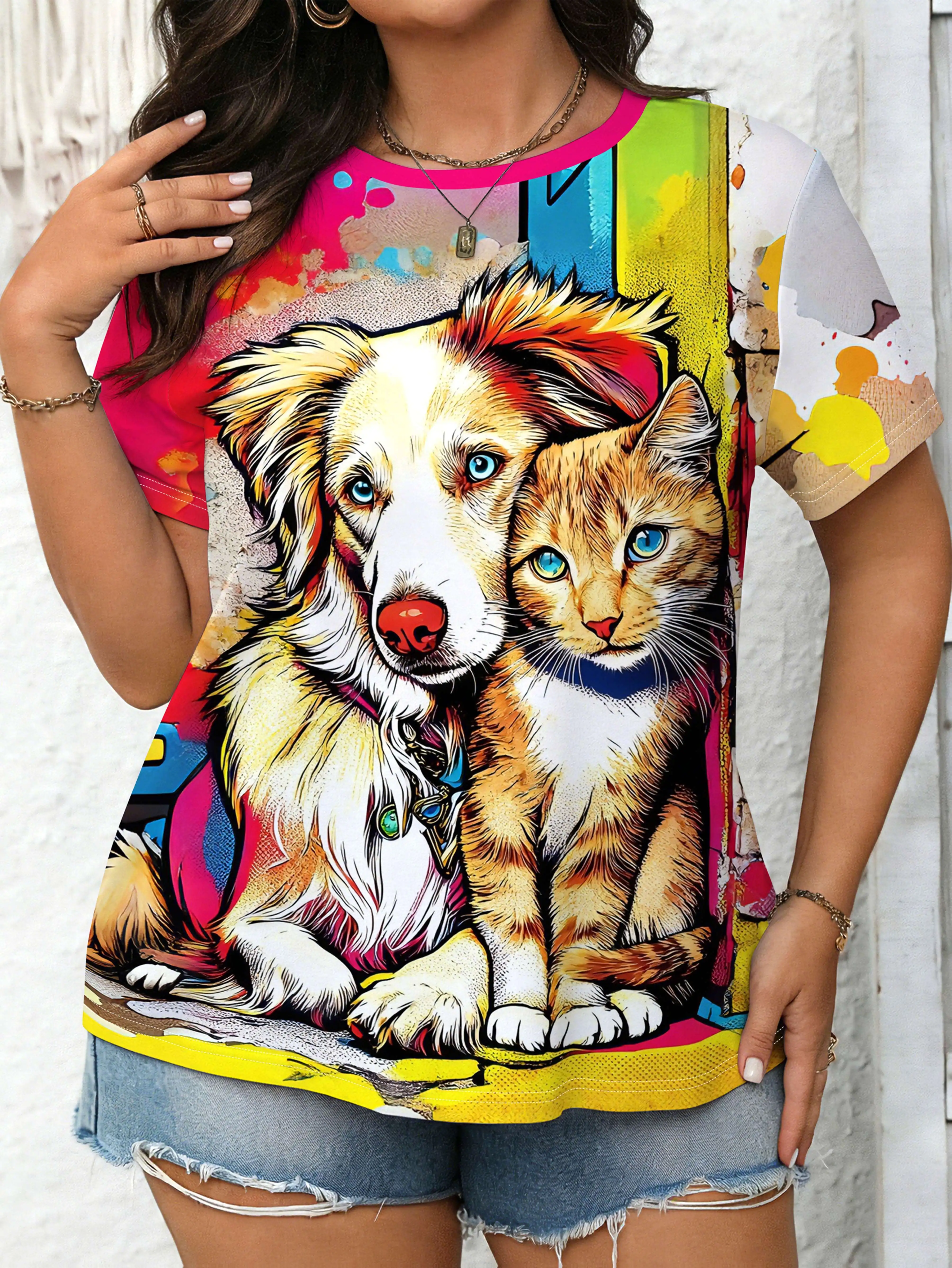 Women Crew Neck Short Sleeve T‑Shirt, Pop Art Dog Cat Pet Colorful Splash Graphic Tee