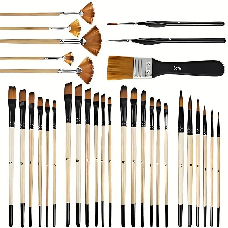 32Pcs/Set Paint Brush For Acrylic Painting Premium Nylon Bristles With Round Filbert,Flat,Fan,Angle,Fine Detail Brush