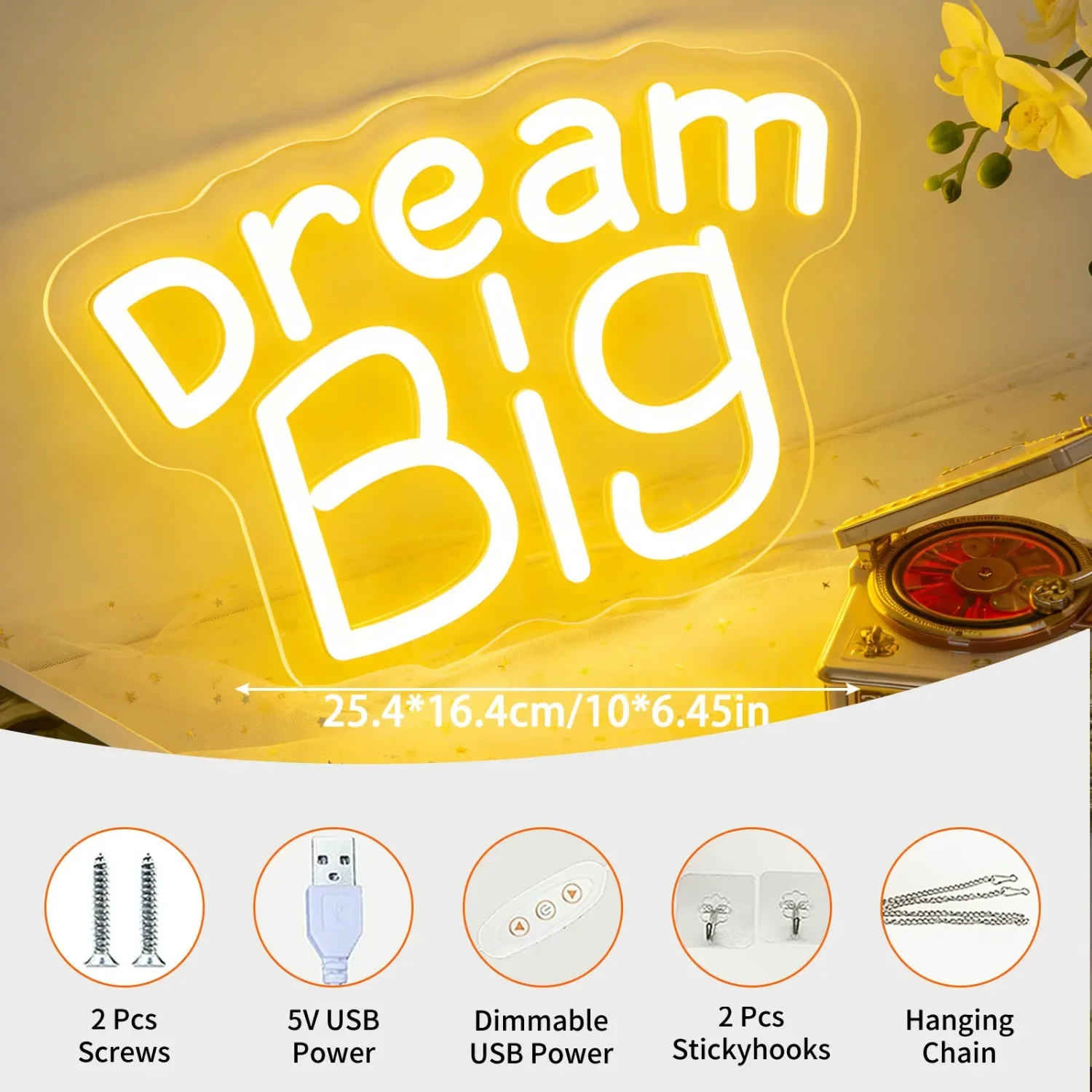 Dream Big Neon Sign LED USB Dimmable Warm White Hanging Light for Nursery Kids Bedroom Living Room Graduation Gift Home Decor