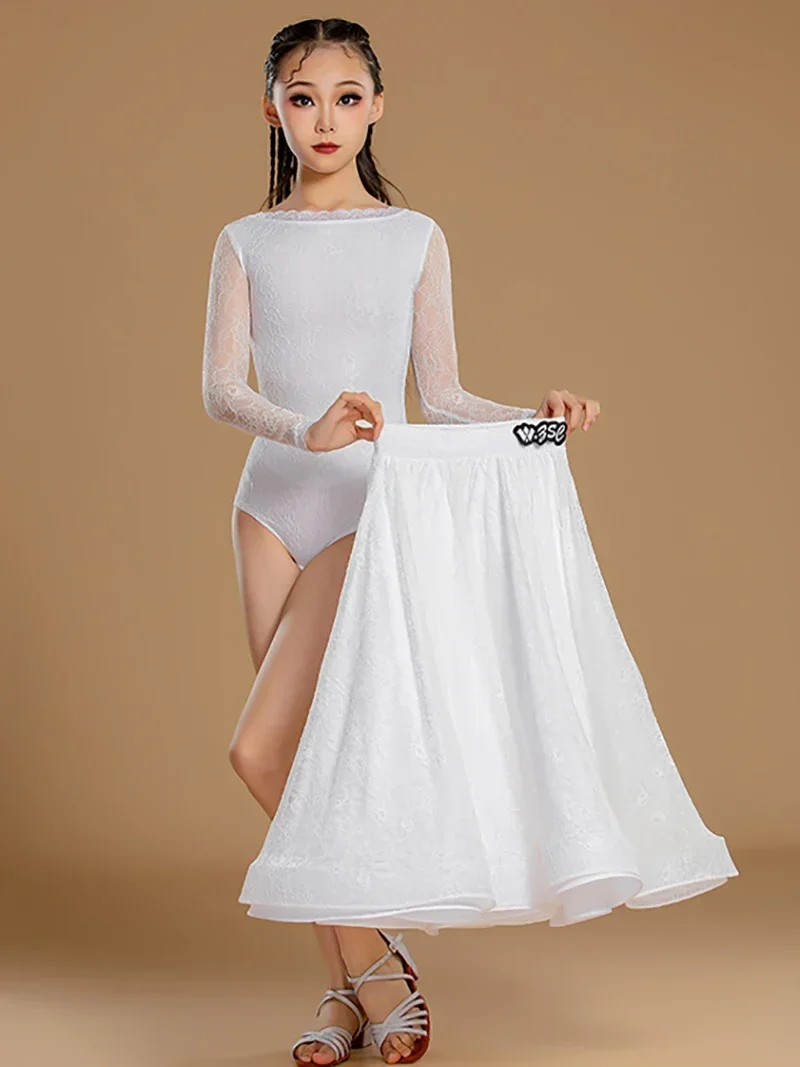 Niños Niñas vals Tango baile de salón vestidos profesionales encaje blanco princesa mono y falda grande traje de baile moderno