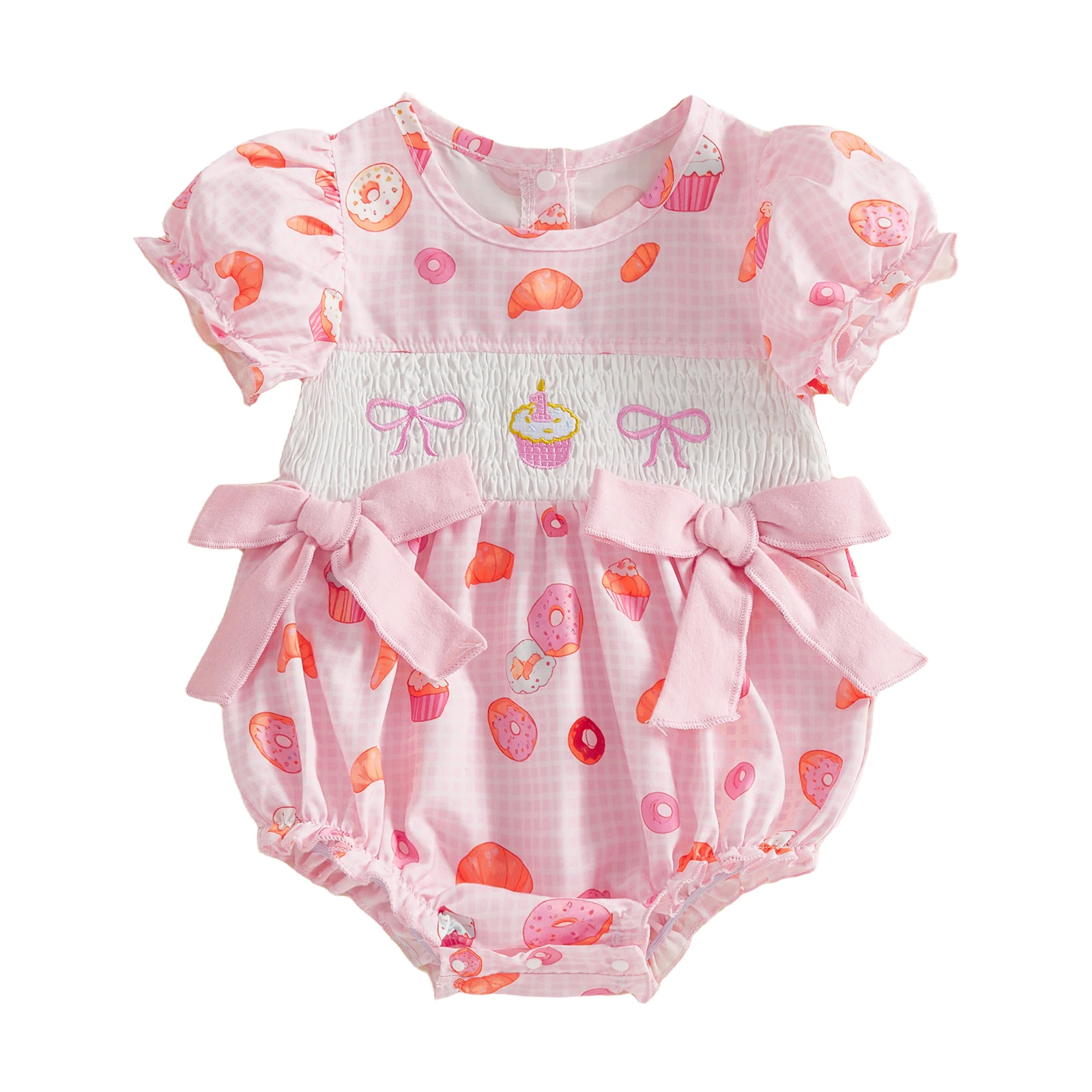 

Комбинезон на первый день рождения для маленьких девочек, комбинезон с бантом и кексом, вышитый комбинезон с пышными рукавами, милая летняя весенняя одежда