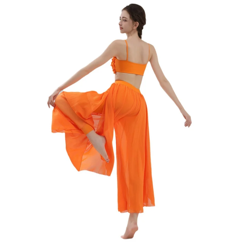 زي رقص اليوغا الكلاسيكي Dunhuang Flying Apsaras للنساء مع حمالة صدر رياضية من الدانتيل وسراويل ممارسة شيفون واسعة