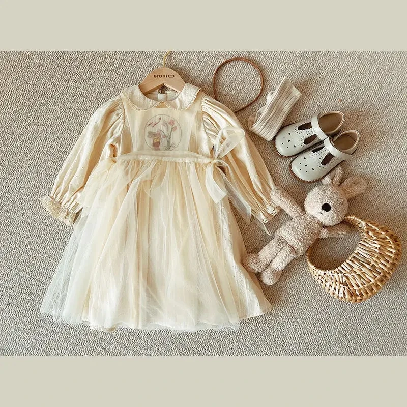 1-9Y New Baby Kid Girl Spring Summer Cream Color Kids Infant Dress Children Doll Collar Embroidered Yarn Dress Girls Clothes