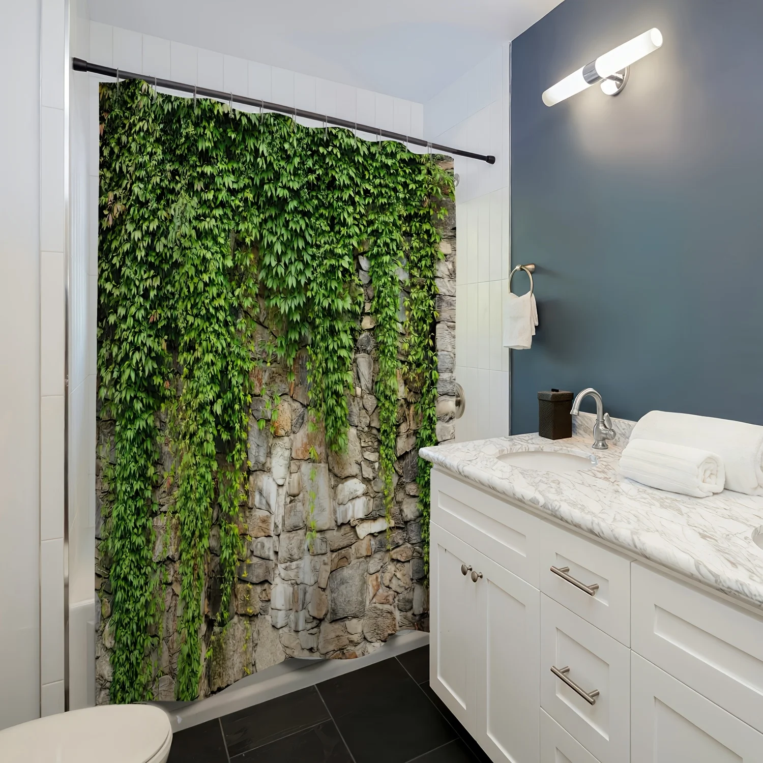 Tirai Mandi Tahan Air Dinding Batu dengan Ivy untuk Dekorasi Kamar Mandi, Desain Terinspirasi Alam, Warna Cerah, Gaya Unik