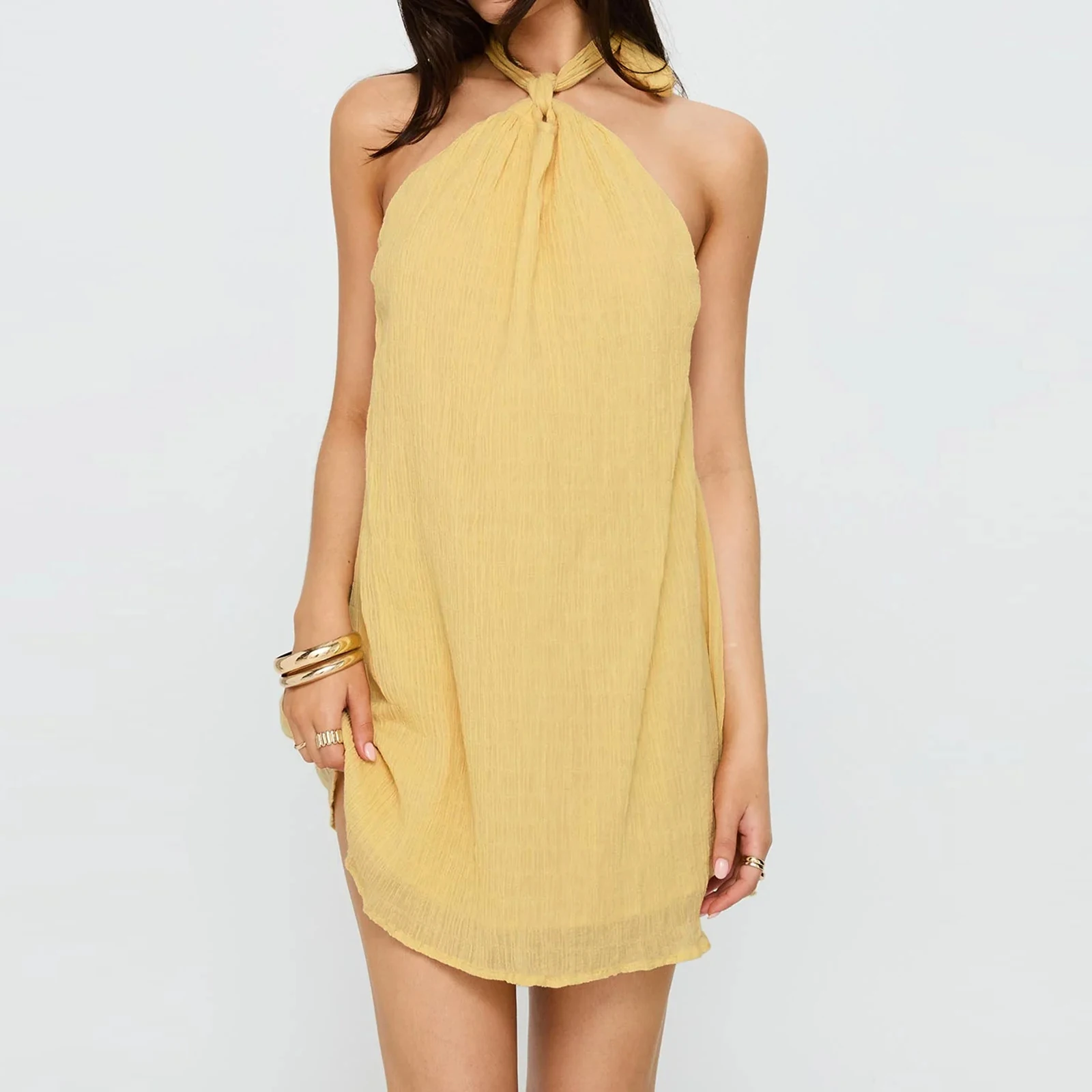 여성용 홀터넥 넥 드레스 민소매 오픈 백 솔리드 컬러 미니 드레스 해변 휴가 여름 파티 데일리웨어 streetwear