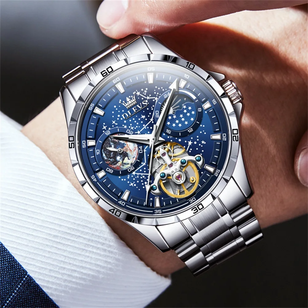 OLEVS Men\'s Watches Night Glow Starry Sky Dial Fashion Trend Original Automatic Mechanical Watch for Man Tourbillon Moon Phase