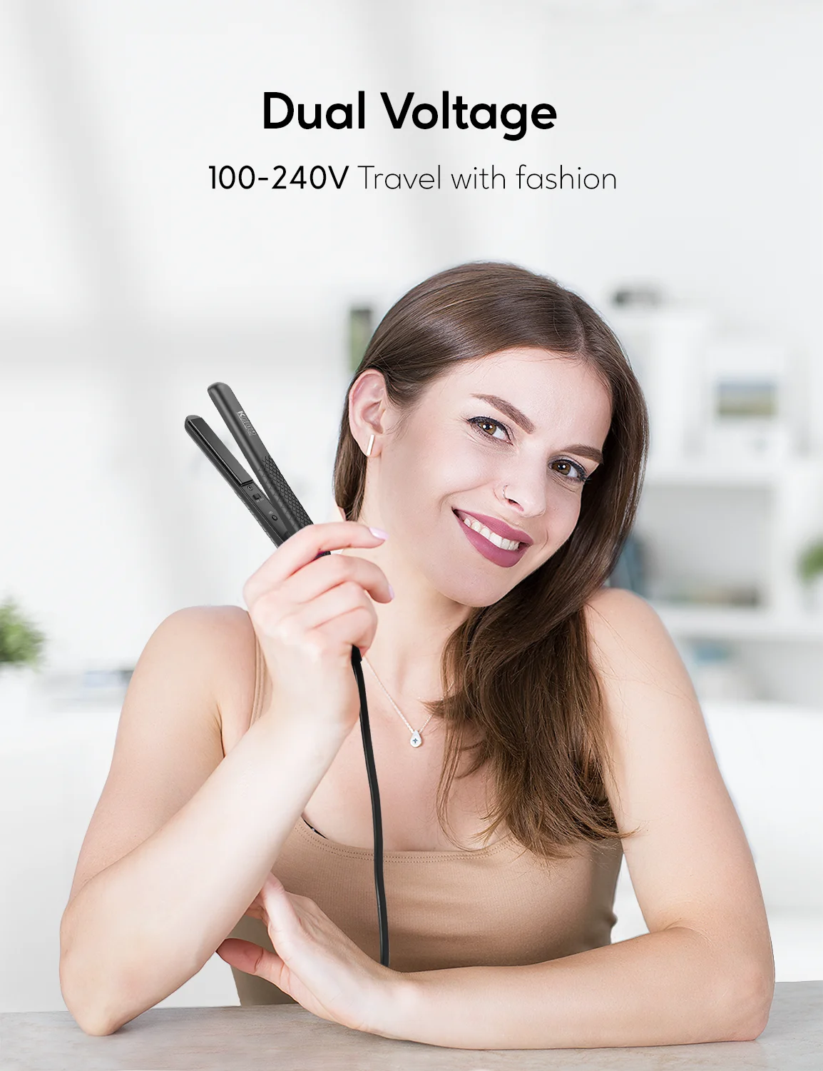 KIPOZI Mini Hair Straightener Travel Ceramic Flat Iron 200°C, Automatic Dual Voltage Fast Heating, Storage Bag Equipped, Black